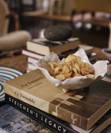 A Leaf Serving Bowl filled with potato chips sits atop art books, including Cy Twombly and Steichen's Legacy, on a table decorated with other books and decor items.