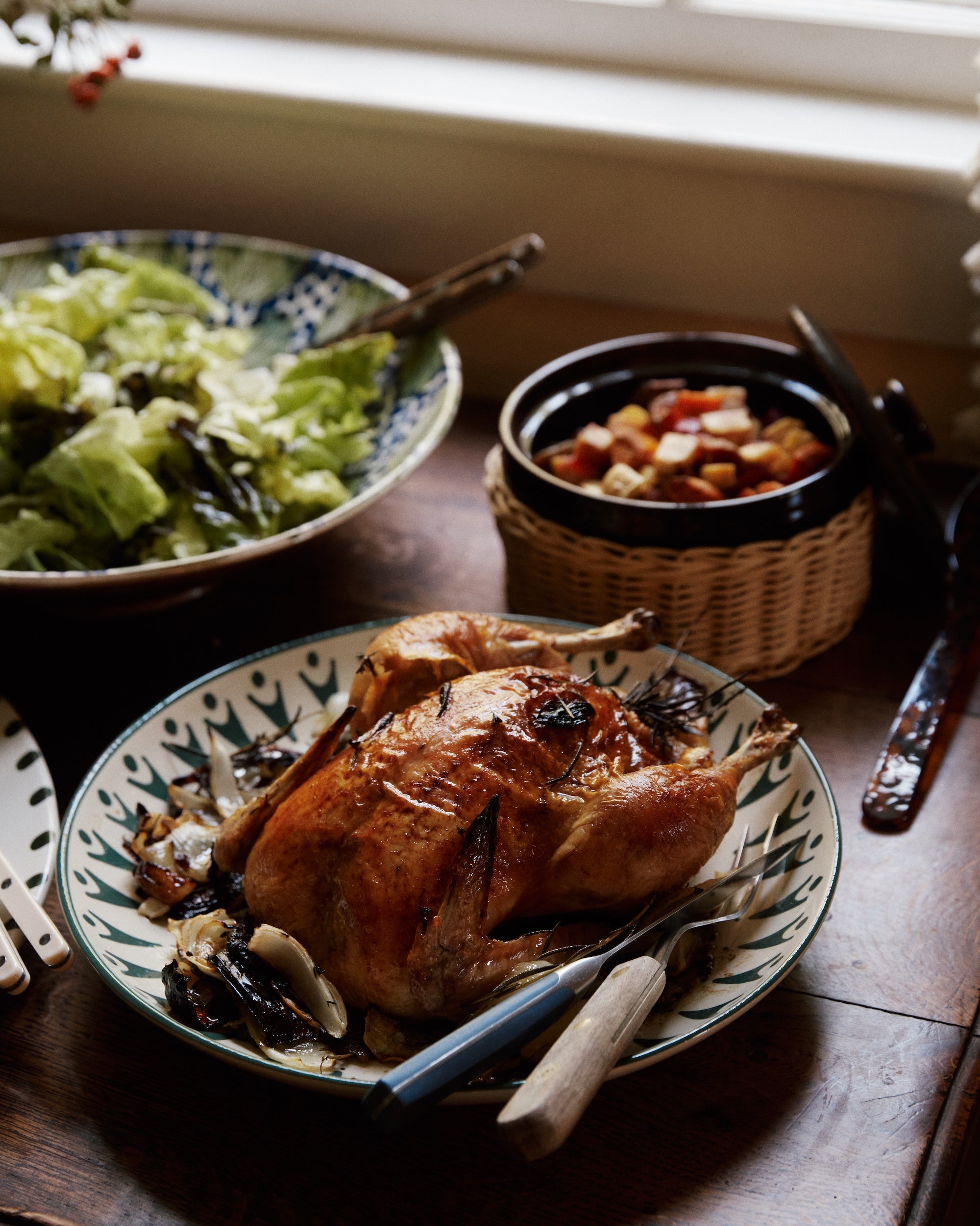 Serve roast chicken on the Vito Serving Platter with salad and veggies, set on a wooden table—perfect as a unique gift for any occasion.