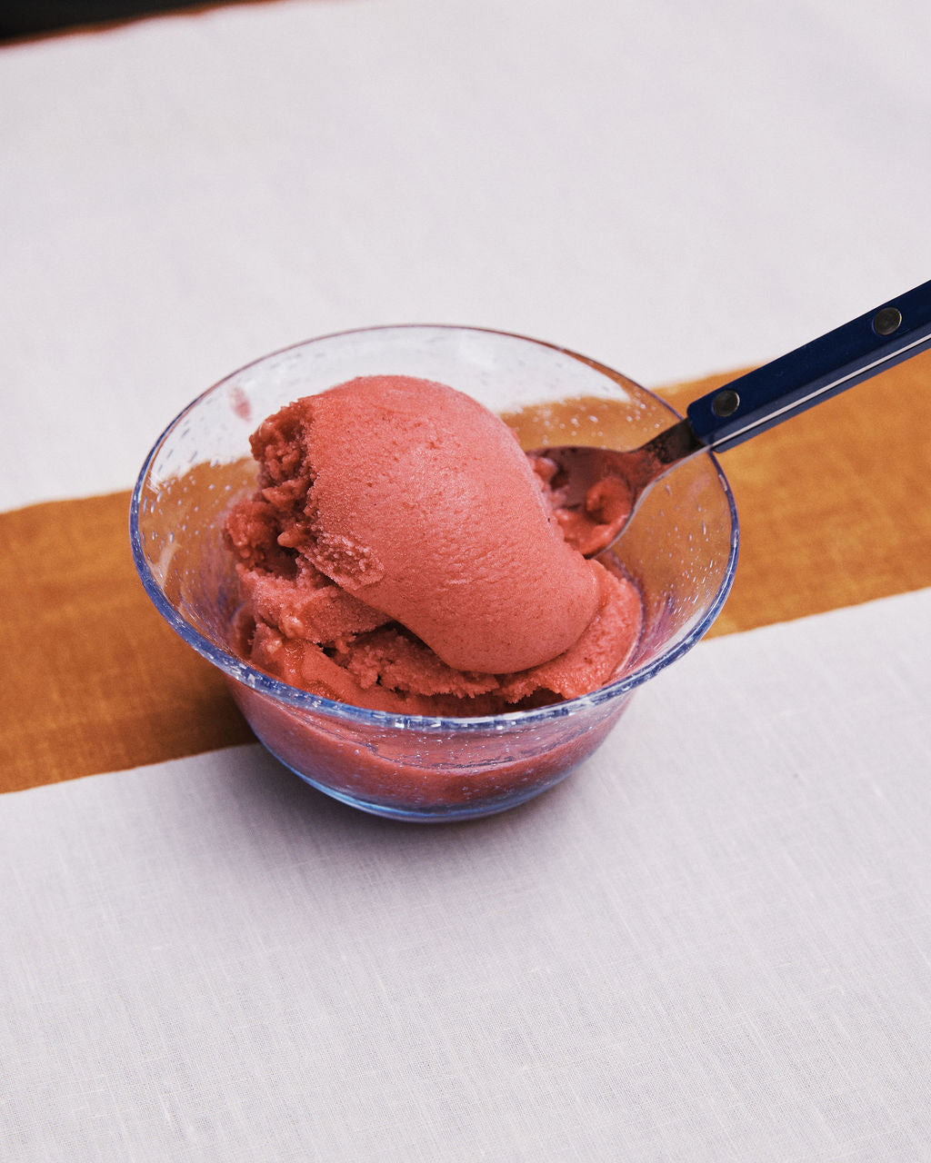 The Lauren Snack Bowl holds pink sorbet with an ice cream scoop beside it, all set on a striped tablecloth.