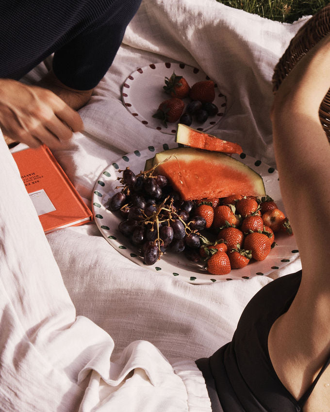 Watermelon slices, grapes, and strawberries are arranged on the Nina Serving Plate atop a picnic blanket, with two people sitting nearby and a red book beside them.