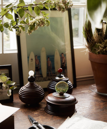 A Curiosity Box sits on a wooden desk alongside a framed surfer photo, plants, scissors, and a newspaper.