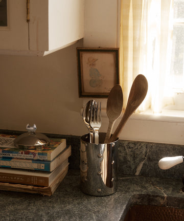 The Kalisto Kitchen Box offers stylish stainless steel storage for utensils on your counter beside cookbooks, a window, and framed art.