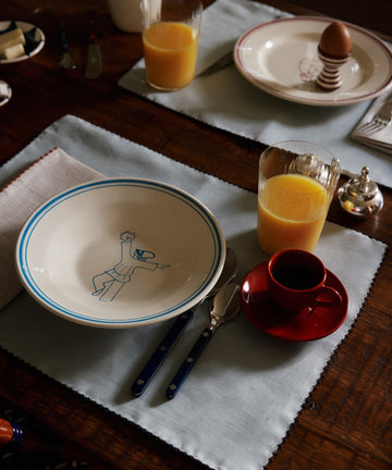 Breakfast set with bowl, cutlery, napkin, OJ glass, red espresso cup, egg holder & plate on handmade Portugal Nico Placemat, Set of 6.