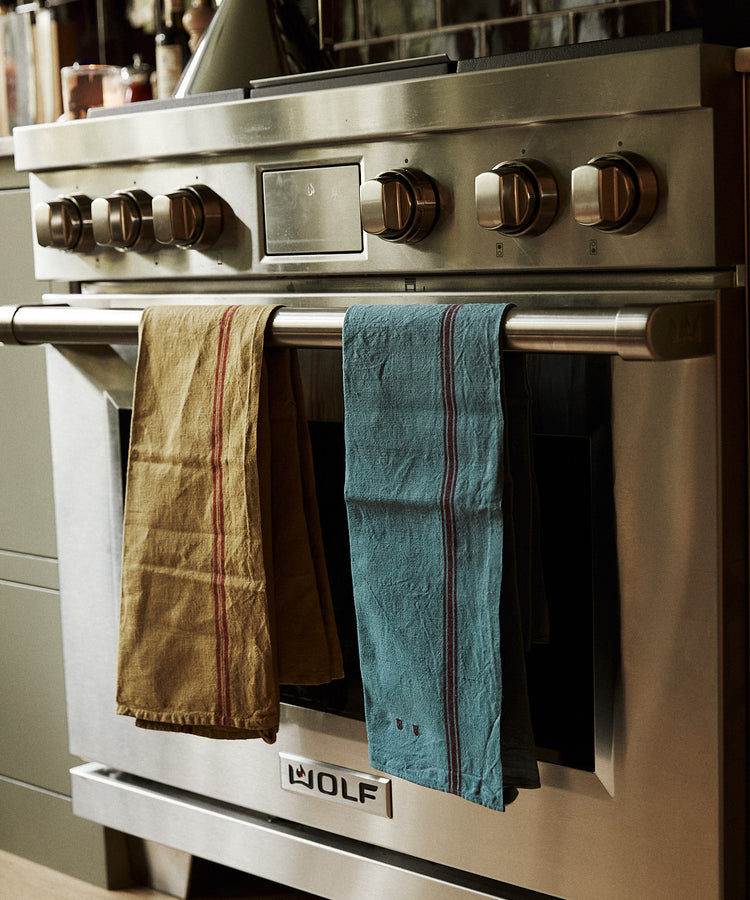 A stainless steel Wolf oven with French Vintage Tea Towels in brown and blue hanging on the handle; stove knobs and kitchen items are visible in the background, adding a touch of Provence charm to the kitchen.