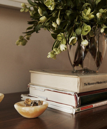 Vase with greenery on top of books on a wooden surface