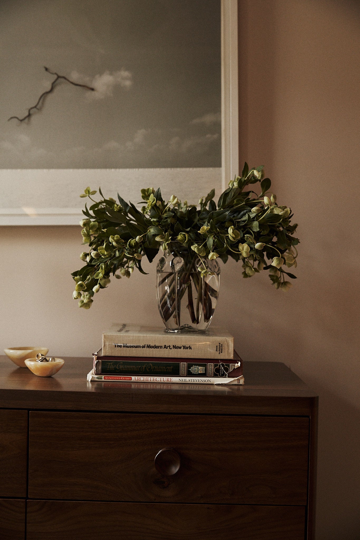 The Carlotta Vase, filled with green foliage, sits atop a stack of books on a wooden dresser; nearby, a framed photo and small dish lend the scene an understated touch of Bohemian artistry.