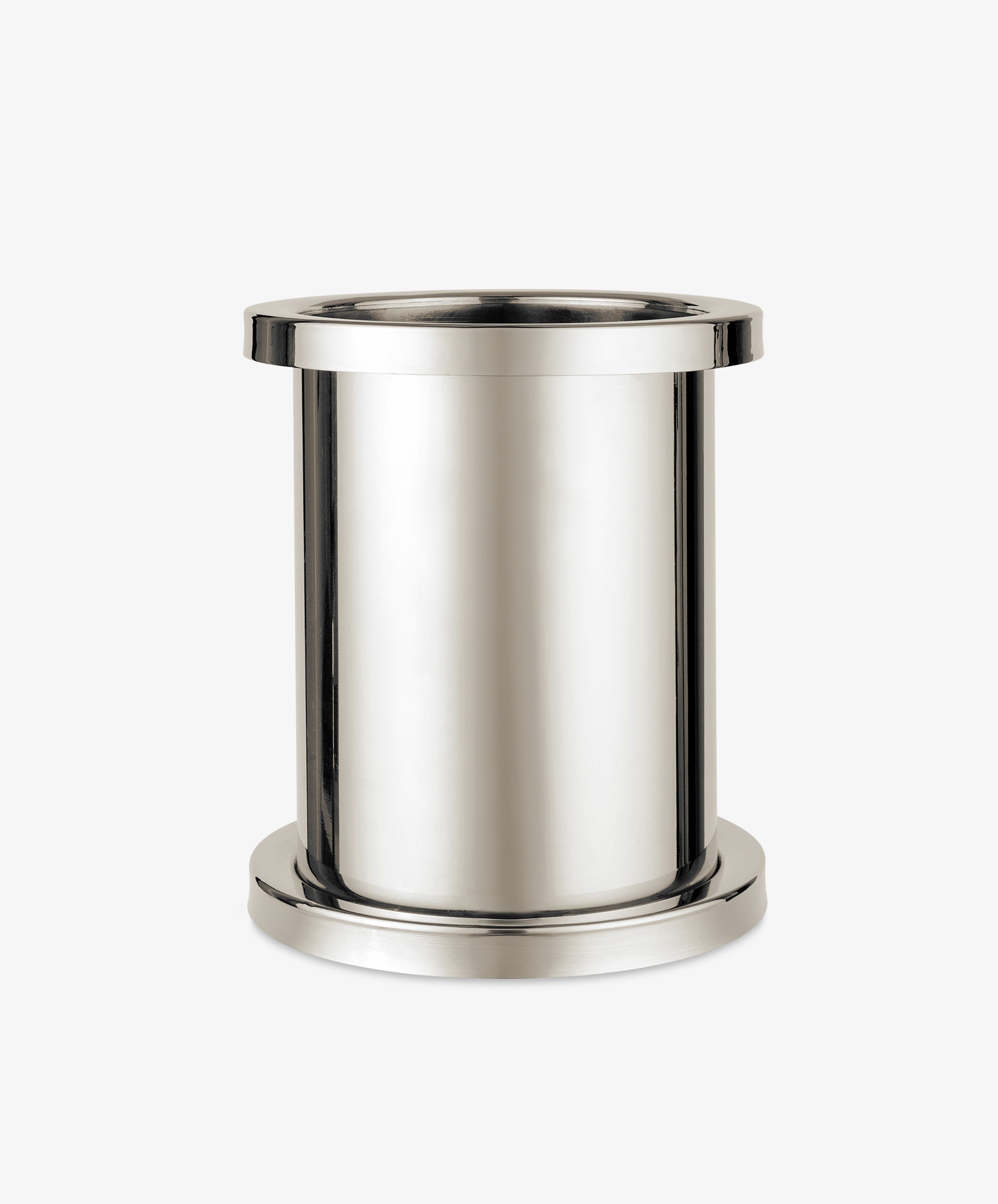 The Metal Wine Cooler features a polished steel finish, cylindrical shape, wide rim, and sturdy base, displayed against a plain white background.