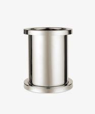 The Metal Wine Cooler features a polished steel finish, cylindrical shape, wide rim, and sturdy base, displayed against a plain white background.