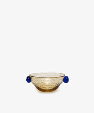 Pavot Snack Bowl by La Romaine Editions. Amber bubble glass bowl with blue knob handles.