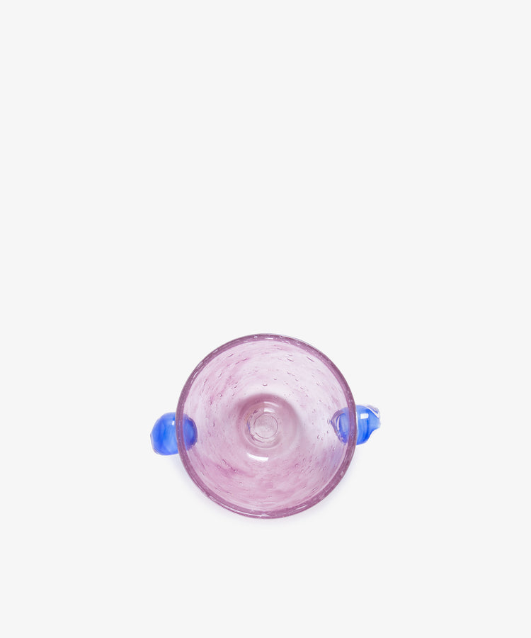 Pavot Snack Bowl. Purple bubble glass bowl with blue knob handles, overhead view.