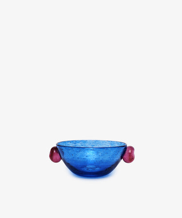 Pavot Snack Bowl by La Romaine Editions. Blue bubble glass bowl with magenta knob handles.