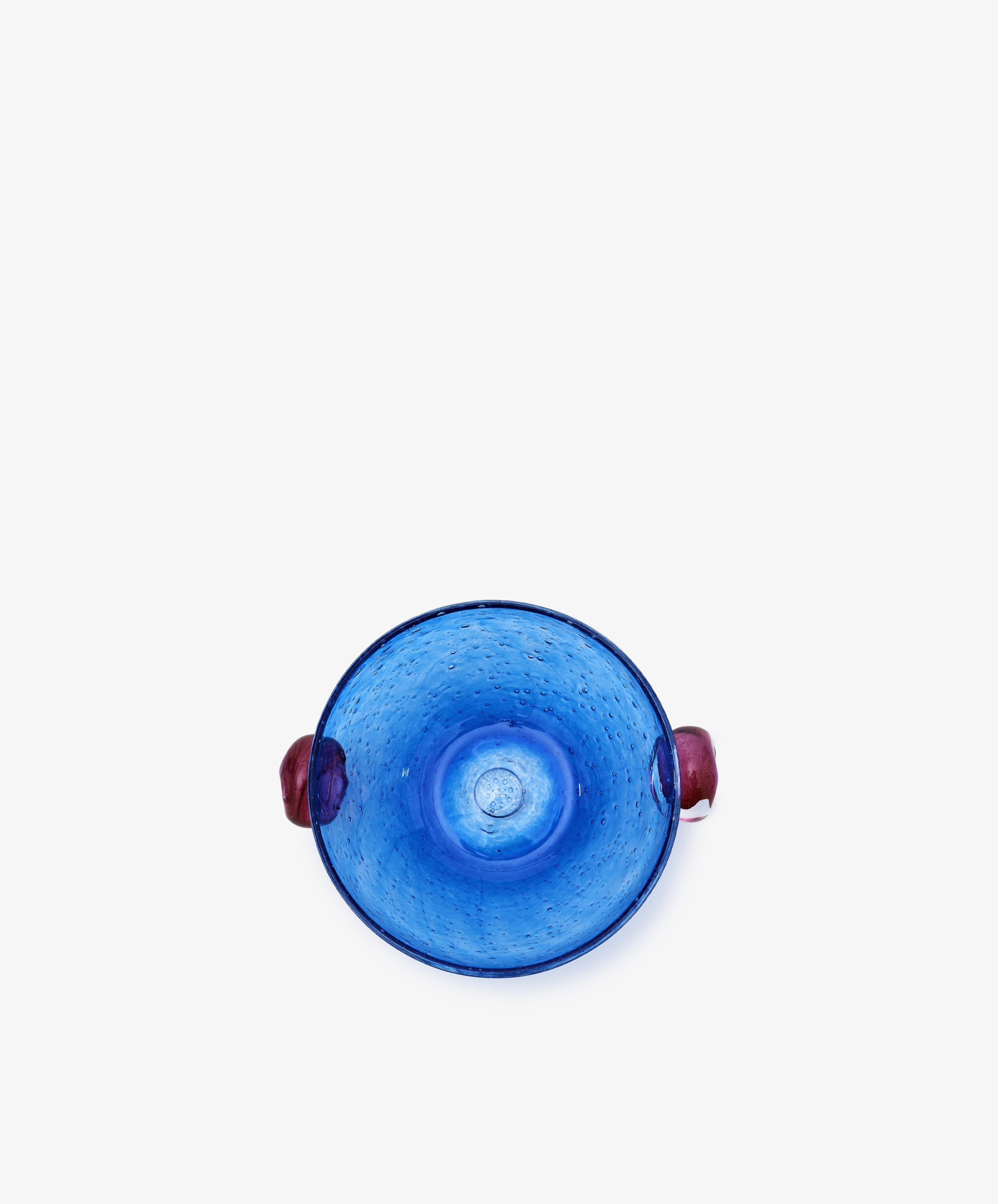 Pavot Snack Bowl. Blue bubble glass bowl with magenta knob handles, overhead view.