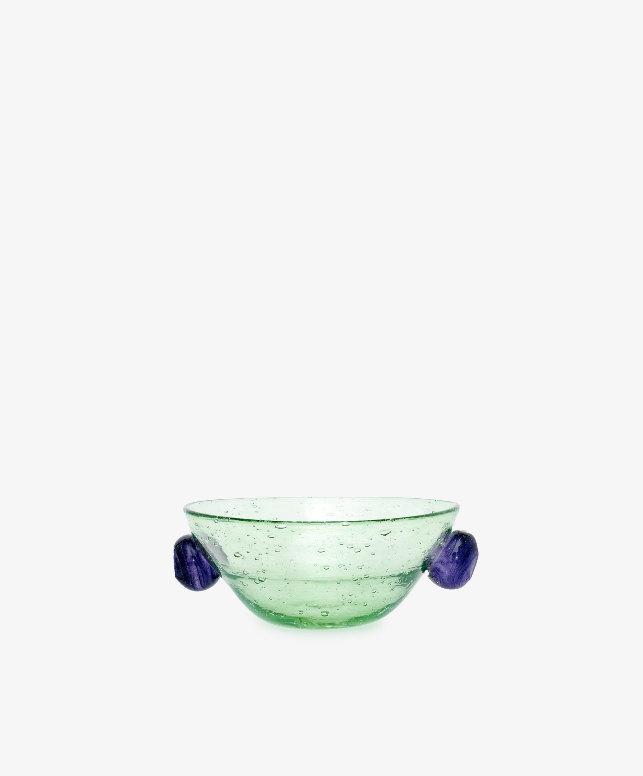 Pavot Snack Bowl by La Romaine Editions. Green bubble glass bowl with purple knob handles.
