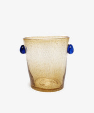 Vincent Vase/ Ice Bucket by La Romaine Editions. Handblown bubble glass vessel in amber with blue knob handles.