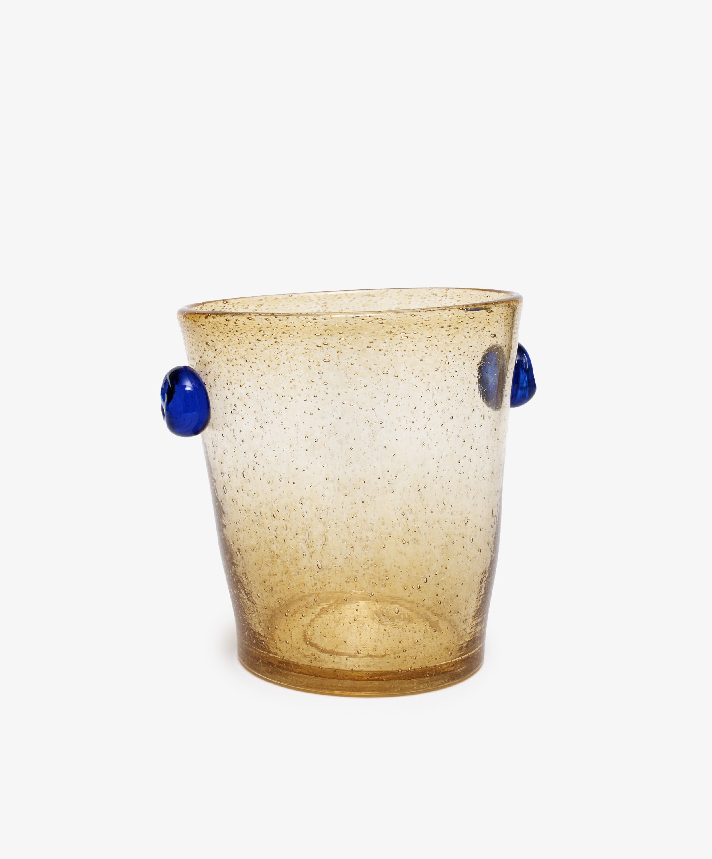 Vincent Vase/ Ice Bucket. Handblown bubble glass vessel in amber with blue knob handles, Side view.