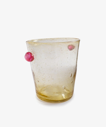 The Vincent Vase/Ice Bucket is a hand-blown, translucent yellow glass piece with two small pink decorative knobs, shown against a plain white background.