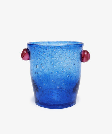 Vincent Vase/ Ice Bucket by La Romaine Editions. Handblown bubble glass vessel in blue with magenta knob handles.