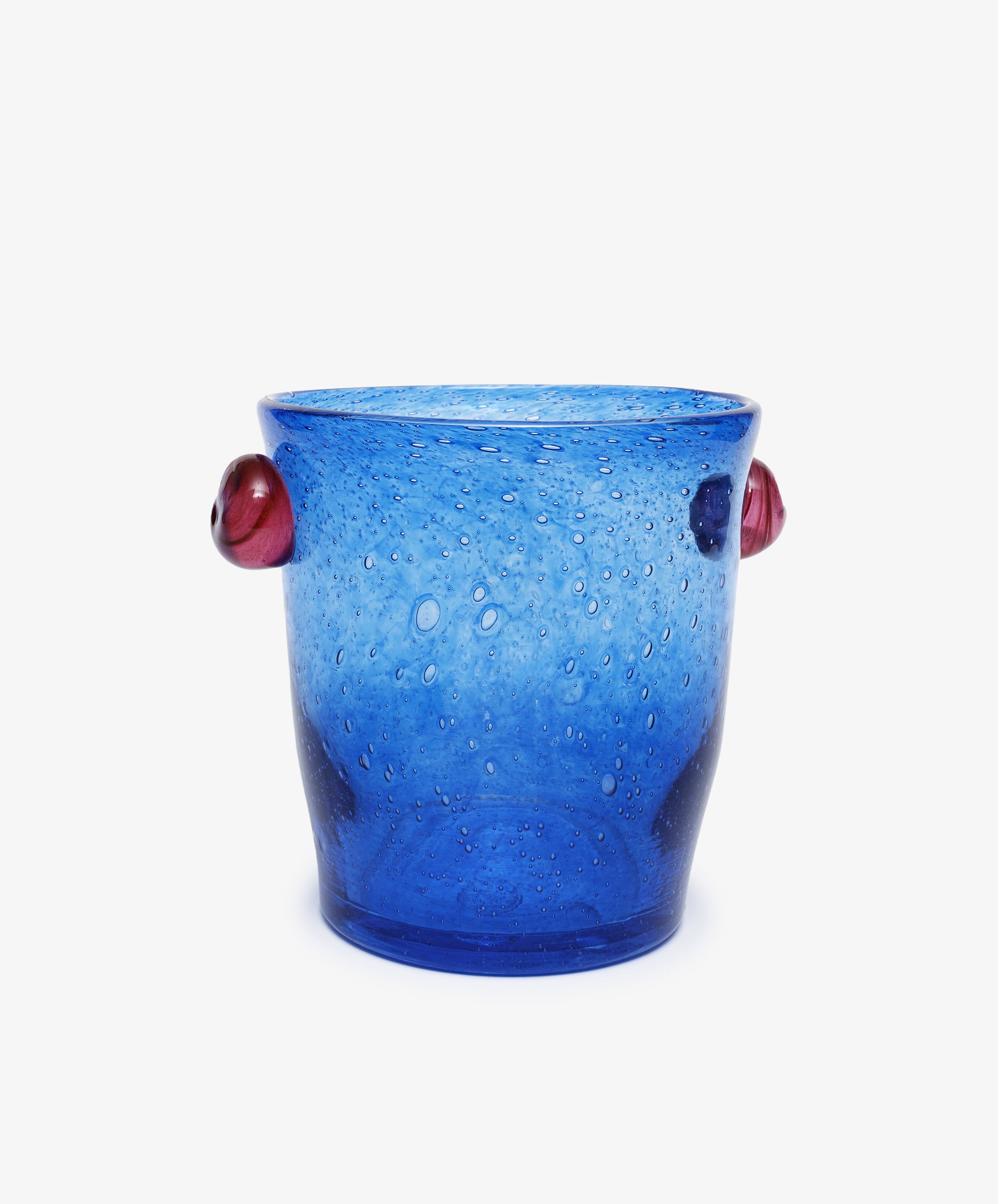 Vincent Vase/ Ice Bucket. Handblown bubble glass vessel in blue with magenta knob handles, side view.