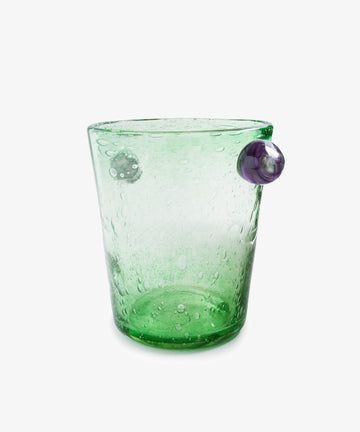 The Vincent Vase / Ice Bucket is a green glass piece with visible air bubbles and two round purple side accents, featuring a contemporary design, shown on a plain white background.