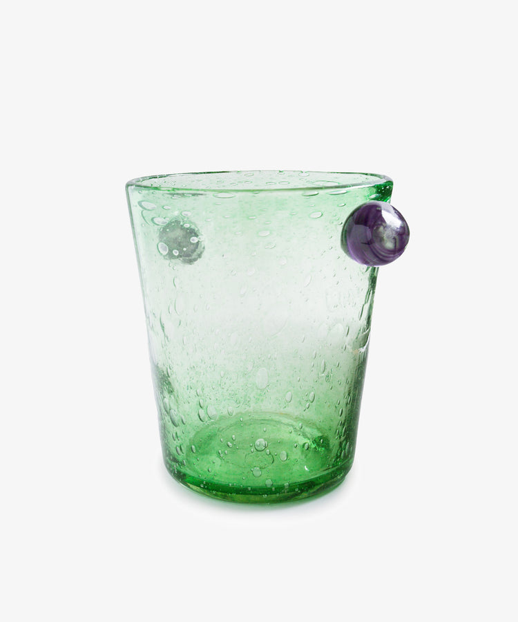 The Vincent Vase / Ice Bucket is a green glass piece with visible air bubbles and two round purple side accents, featuring a contemporary design, shown on a plain white background.