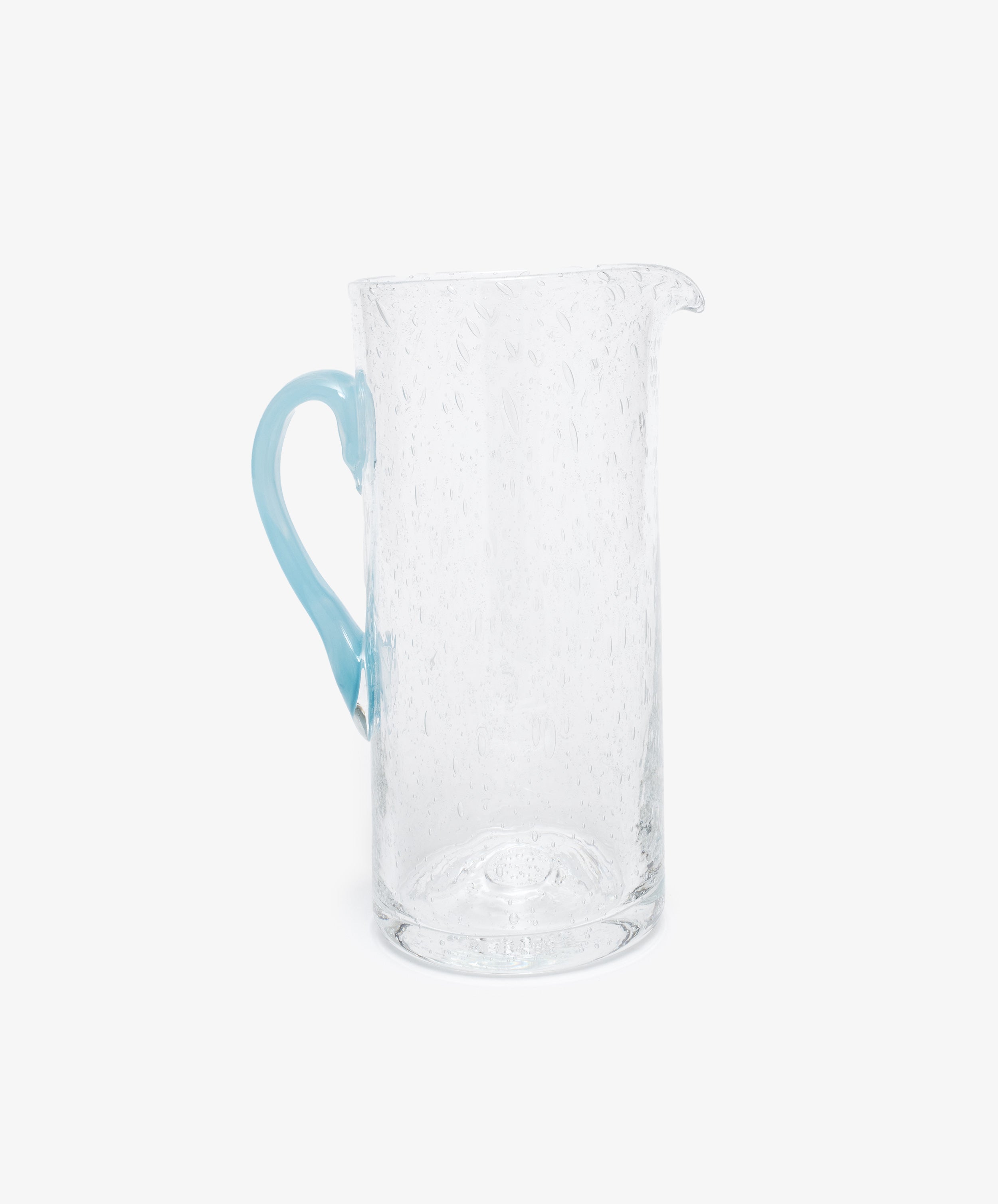 Pauline Jug by La Romaine Editions. Hand-blown clear glass pitcher with light blue handle, alt view.