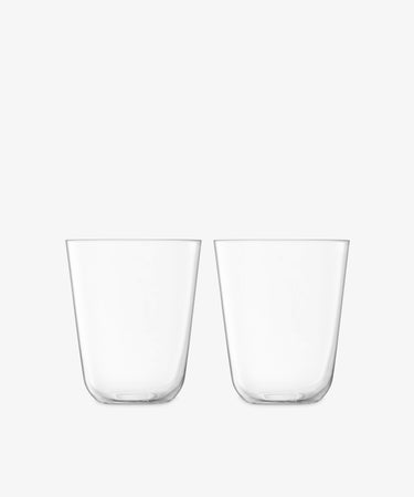 The Arc Tumbler, Set of 4, features clear lead-free glass tumblers displayed side by side on a white background—ideal drinkware for everyday use.