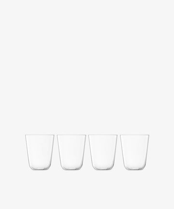 The Arc Tumbler, Set of 4, features clear lead-free glass tumblers arranged in a line on a white background—ideal for everyday use.