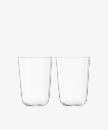 Four Arc Tumblers, made from clear lead-free glass, are displayed side by side on a plain white background to highlight their versatile drinkware appeal.