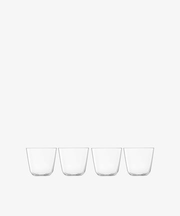 The Arc Tumbler, Set of 4, features identical, lead-free glass tumblers arranged in a row against a plain white background—ideal everyday glassware for any table.