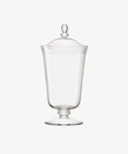 The Bonbon Jar features clear glass, a lid, and a pedestal base, shown against a plain white background.