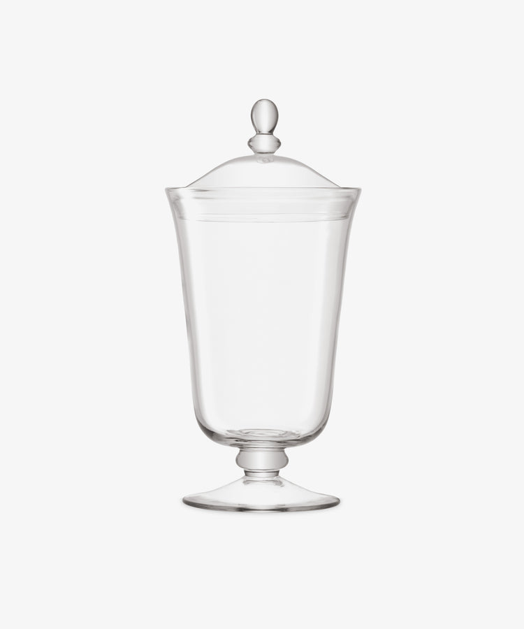 The Bonbon Jar features clear glass, a lid, and a pedestal base, shown against a plain white background.