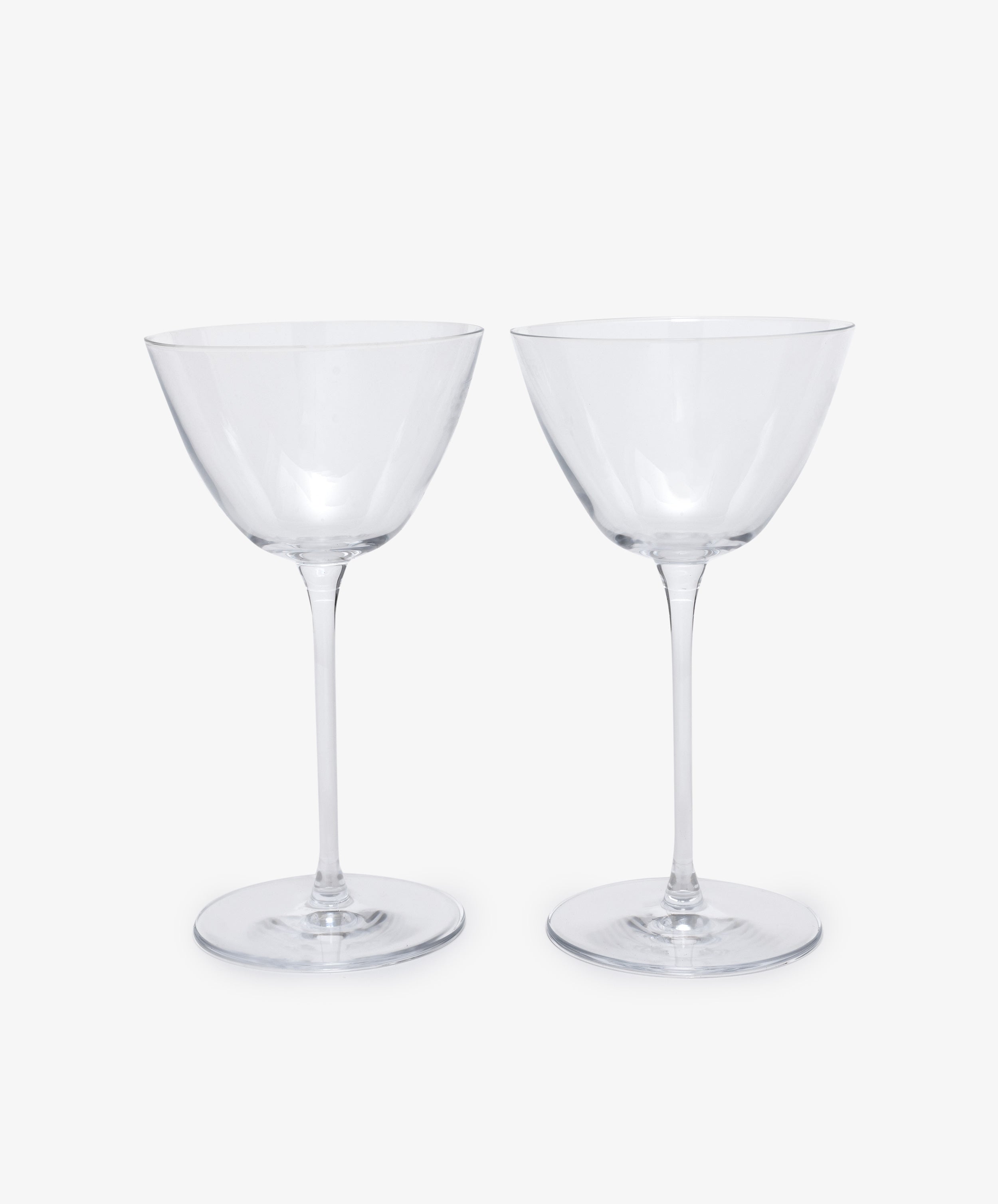 Tina Martini Glass. Pair of clear glass elegant, long-stemmed cocktail glasses.