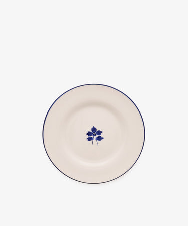 Beatrix Salad Plate, Set of 4—a white ceramic plate with a thin blue rim and botanical flower design, inspired by classic English blue-and-white china.