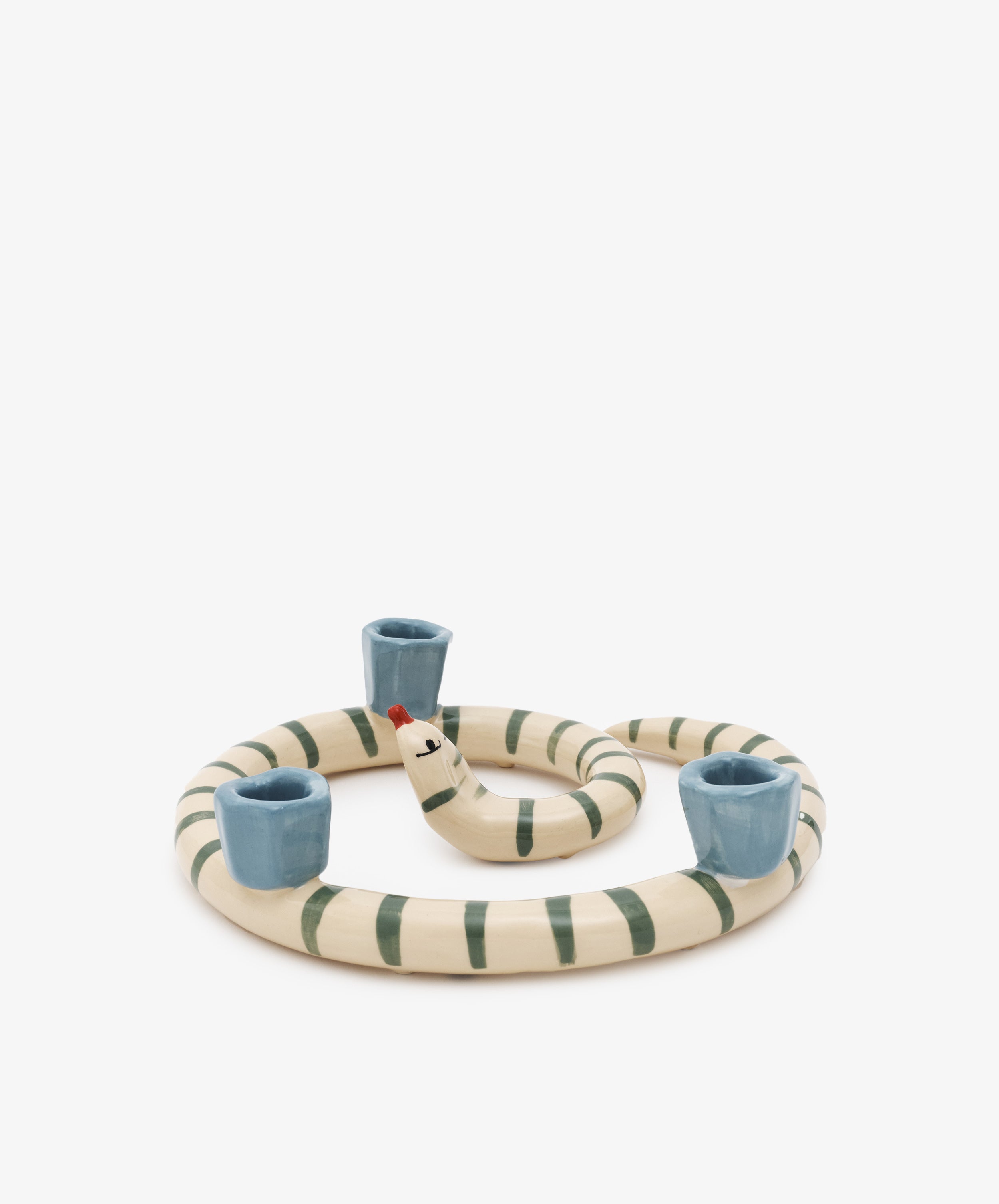 Sneaky Stripe Candle Holder by Laetitia Rouget. Glazed ceramic spiral striped snake with 3 candle slots, side view.