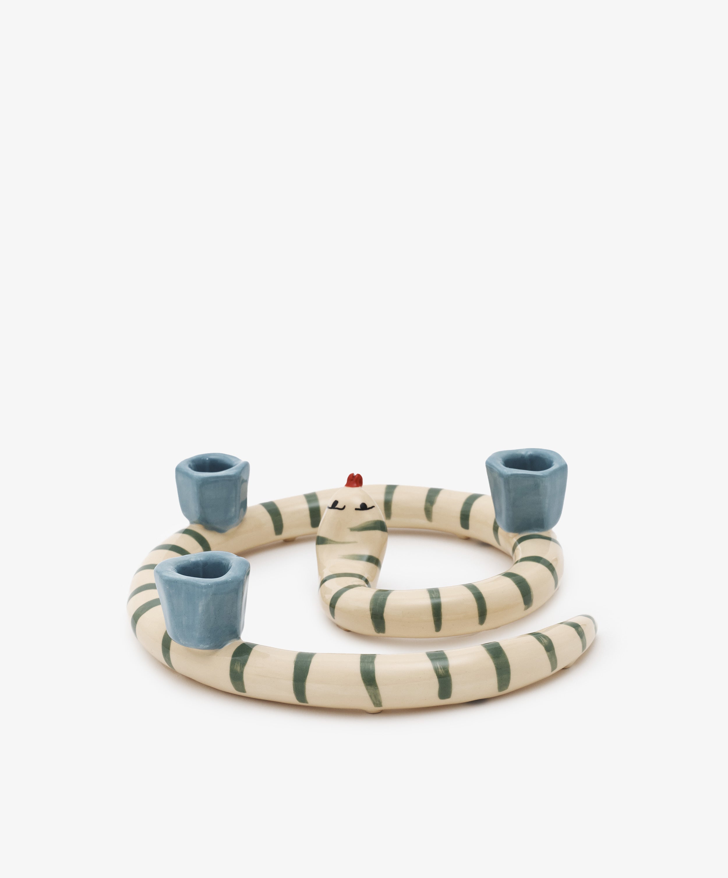 Sneaky Stripe Candle Holder by Laetitia Rouget. Glazed ceramic spiral striped snake with 3 candle slots, alt side view.