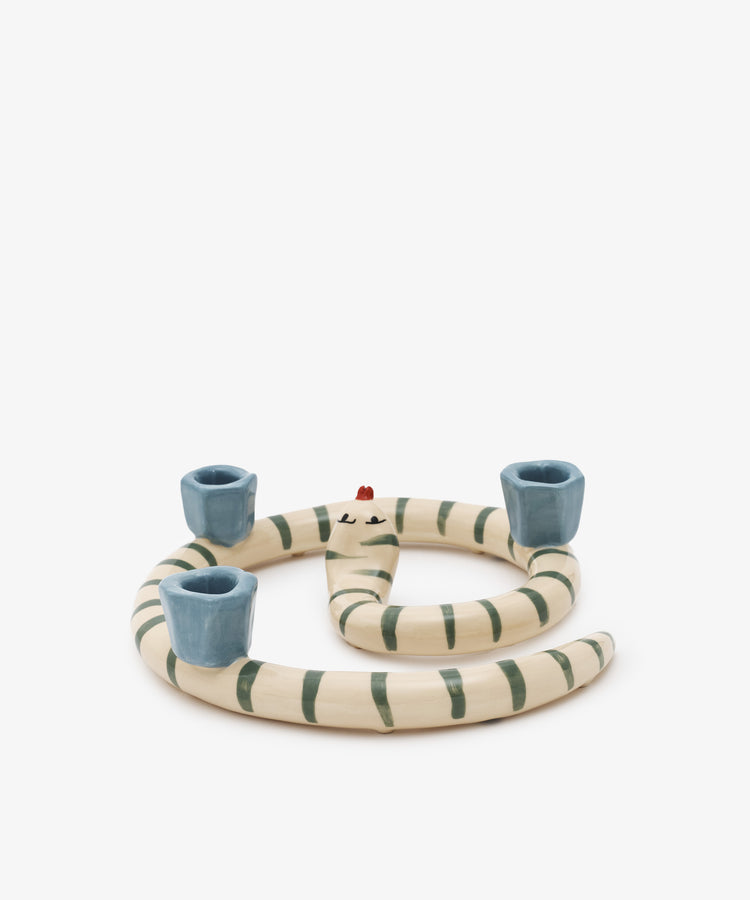 Sneaky Stripe Candle Holder by Laetitia Rouget. Glazed ceramic spiral striped snake with 3 candle slots, alt side view.
