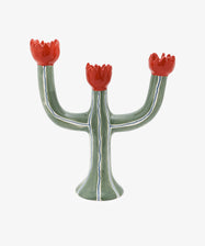 Tulip Candleholder by Laetitia Rouget. Three-armed green painted ceramic cactus with red flower slots for candles.