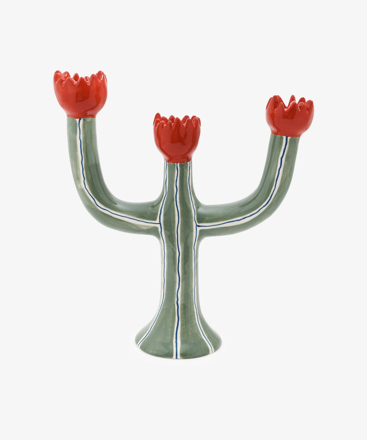 Tulip Candleholder by Laetitia Rouget. Three-armed green painted ceramic cactus with red flower slots for candles.