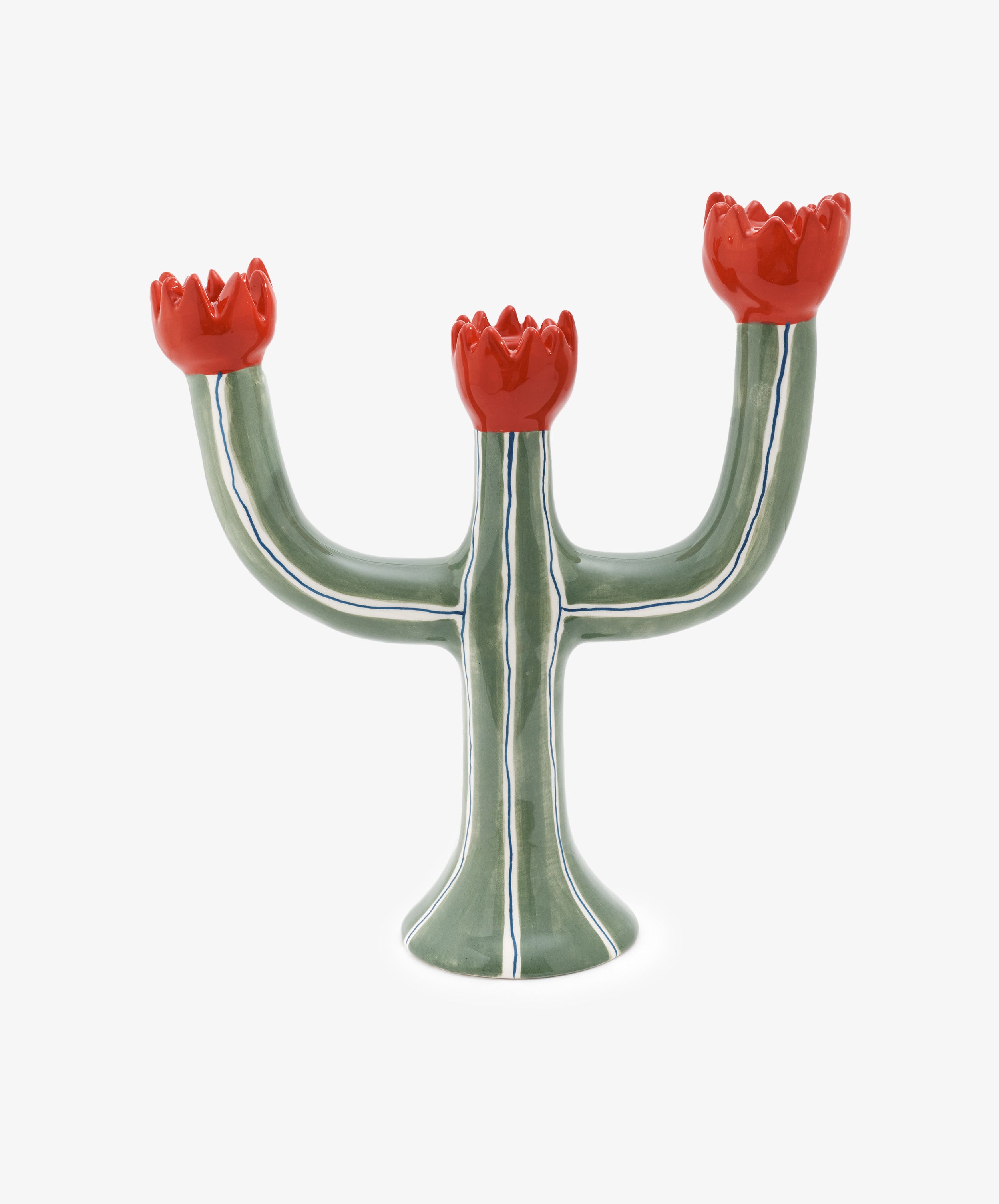 Tulip Candleholder. Three-armed green painted ceramic cactus with red flower slots for candles, back view.