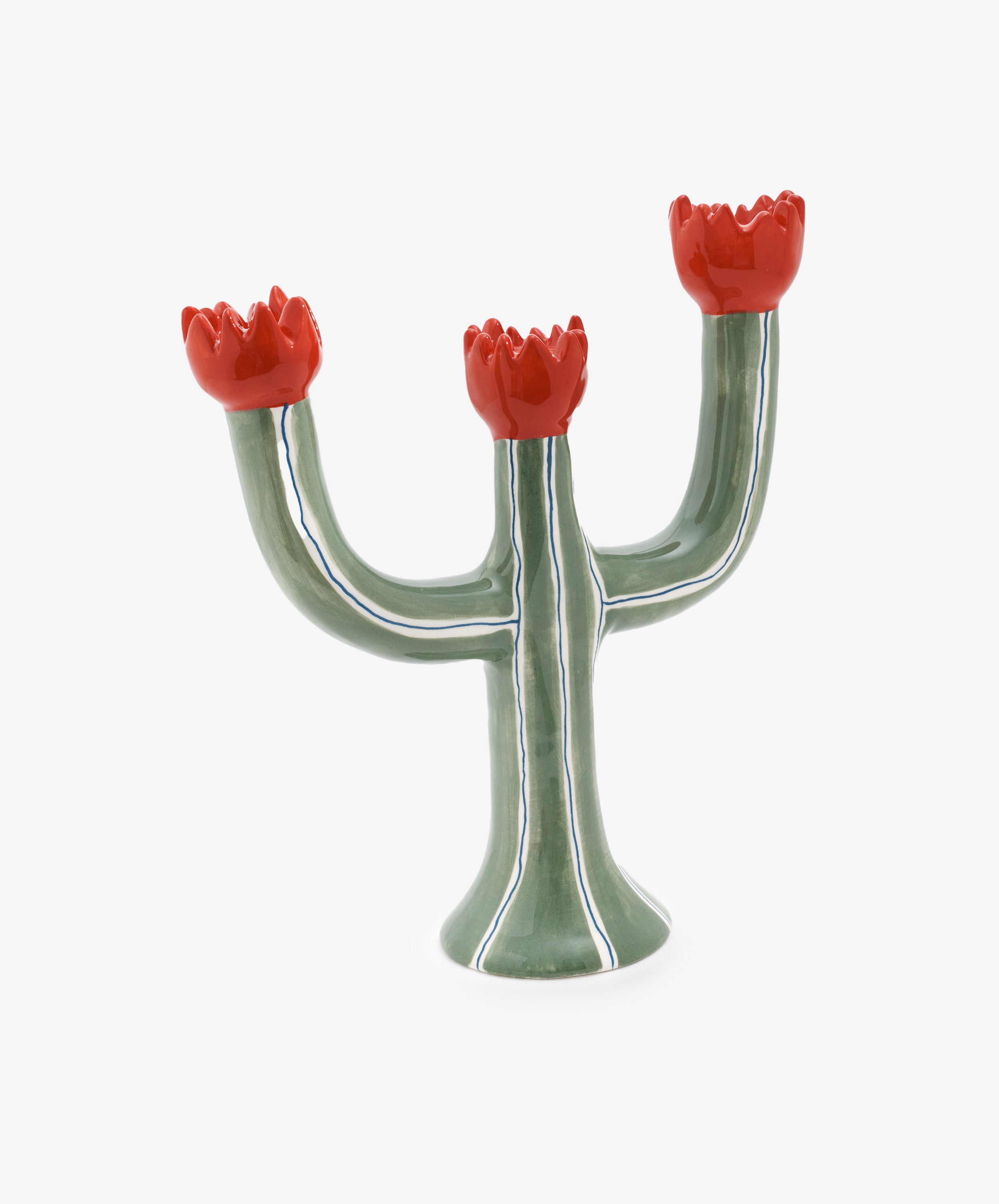 Tulip Candleholder. Three-armed green painted ceramic cactus with red flower slots for candles, side view.