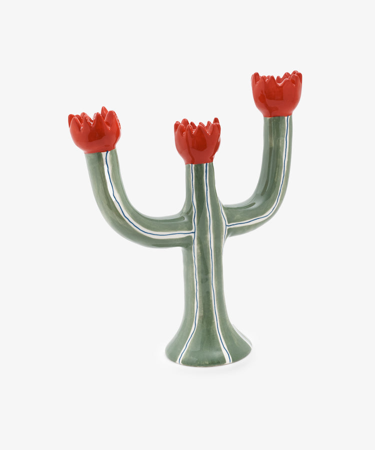 Tulip Candleholder. Three-armed green painted ceramic cactus with red flower slots for candles, side view.