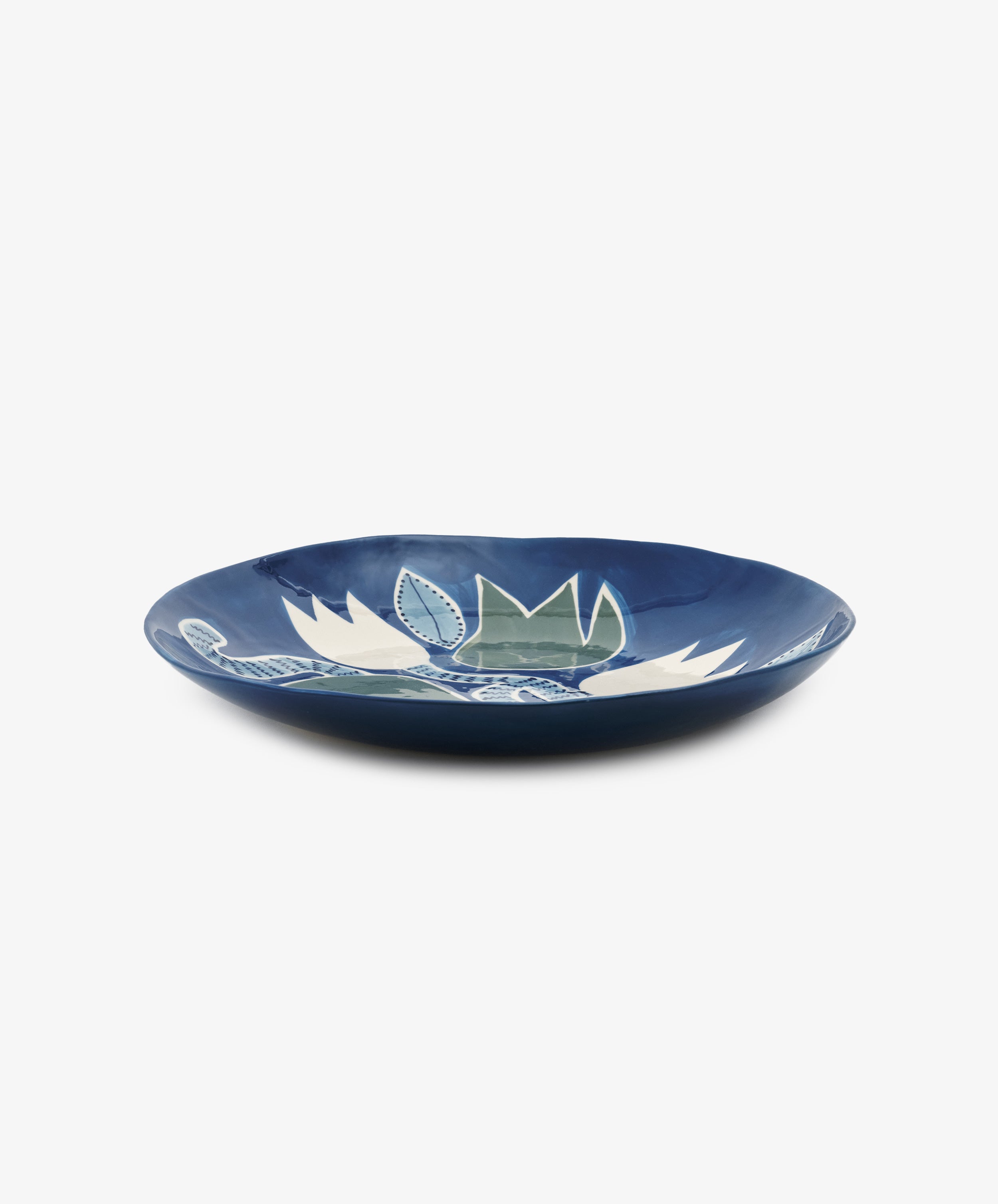 Indigo Tulip Fruit Platter, angled side view.