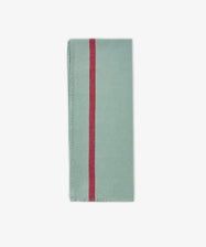 The Métis Tea Towel, in a folded light green hue and evoking vintage tea towel aesthetics, displays a single vertical red stripe near the left edge and is presented against a plain white background.