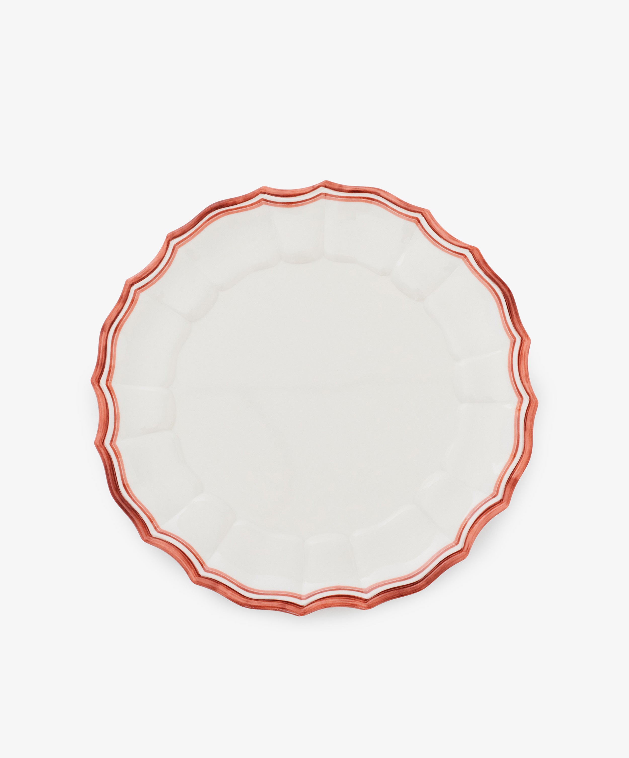 Introducing the Eva Melamine Dinner Plate, Set of 4—a round white plate featuring a scalloped edge and a bold red striped border, expertly crafted from durable melamine and displayed on a plain white background.