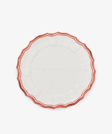 Introducing the Eva Melamine Dinner Plate, Set of 4—a round white plate featuring a scalloped edge and a bold red striped border, expertly crafted from durable melamine and displayed on a plain white background.