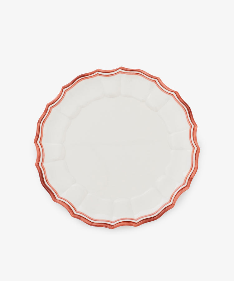 Introducing the Eva Melamine Dinner Plate, Set of 4—a round white plate featuring a scalloped edge and a bold red striped border, expertly crafted from durable melamine and displayed on a plain white background.