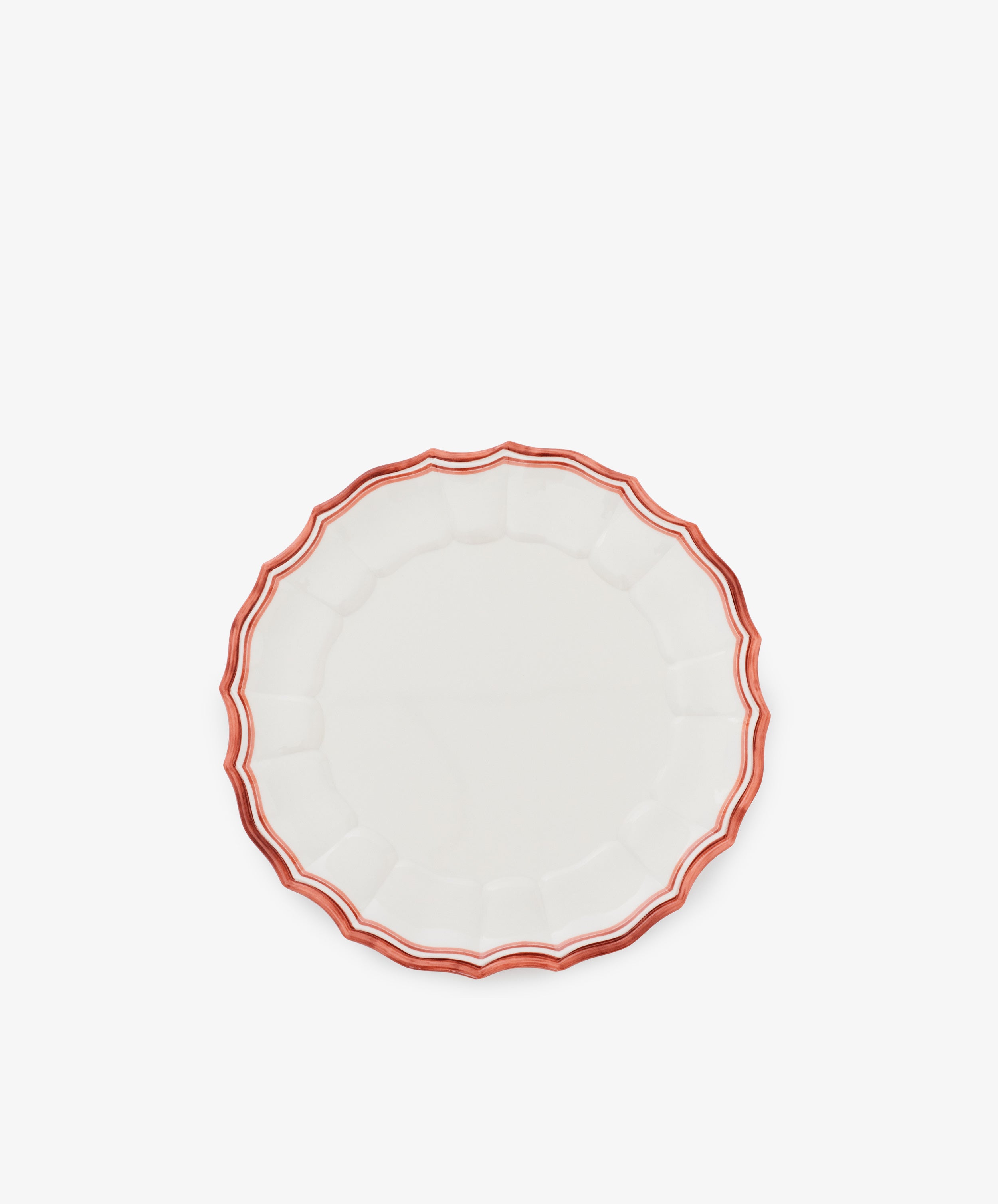 Set of 4 Eva Melamine Small Plates featuring a scalloped edge and red-orange rim, inspired by classic durable red trim styles, shown on a plain white background.