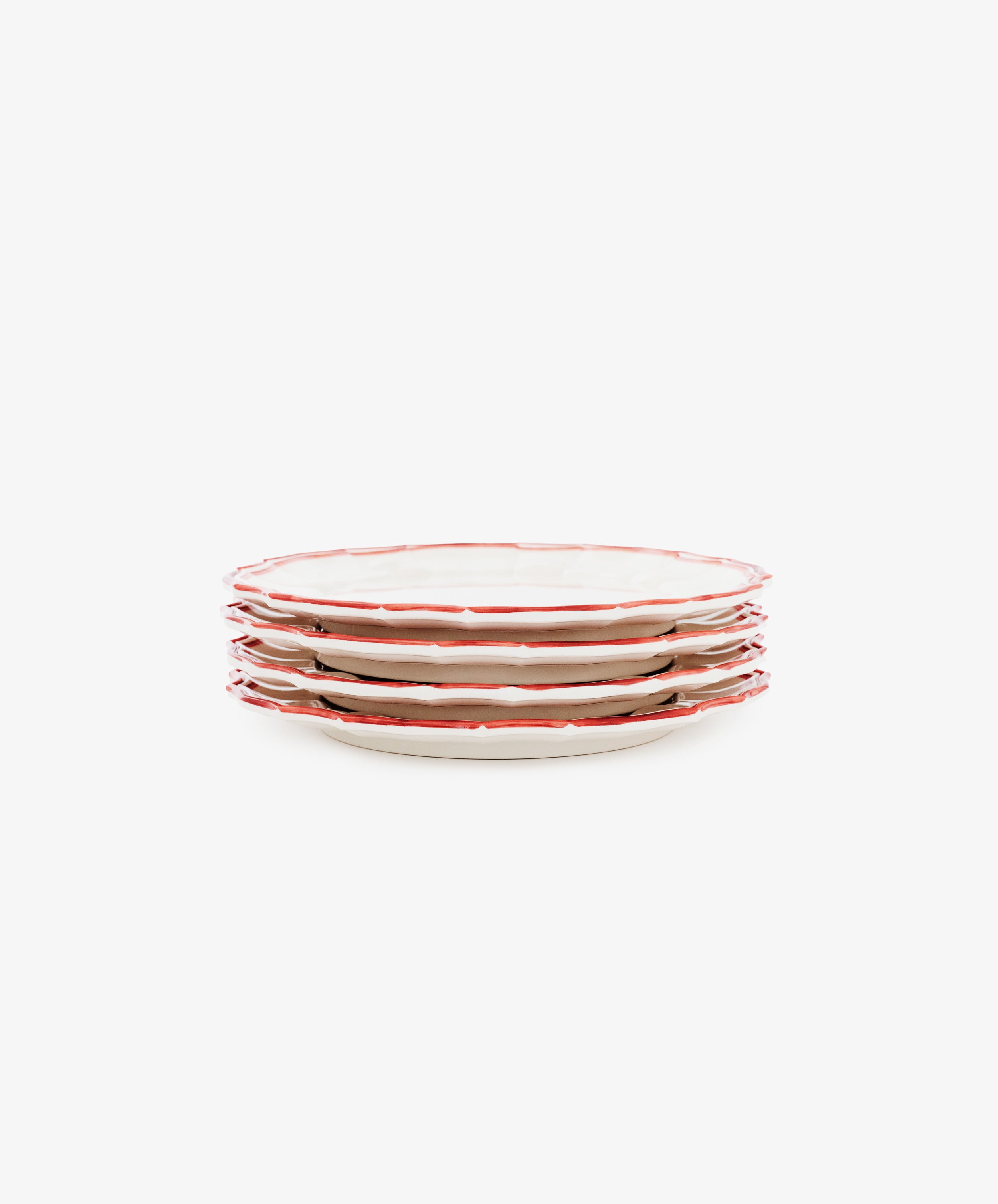 Set of four Eva Melamine Small Plates with wavy red rims, crafted in a classic style from BPA-free melamine—durable and perfect for everyday use.