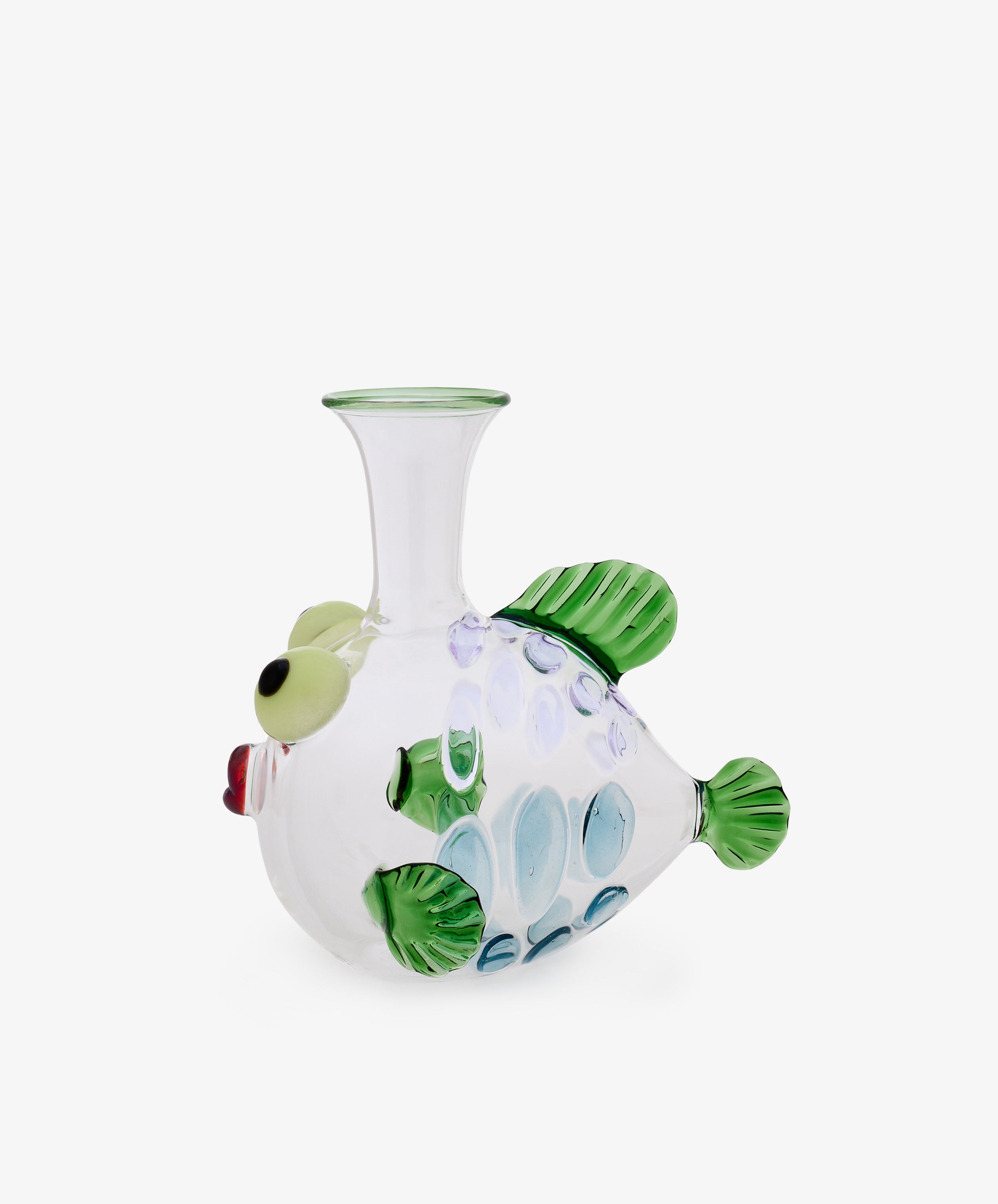 Molly Decanter: A clear Murano glass vase shaped like a fish in the style of Massimo Lunardon, featuring green fins, blue and purple spots, a red mouth, and a wide neck opening. Set against a white background.