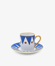 Pietro Espresso Cup & Saucer by Matilde Argiolas. Painted porcelain set with blue and orange designs.